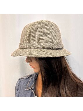 Grey tweed herringbone wool blend fedora hat